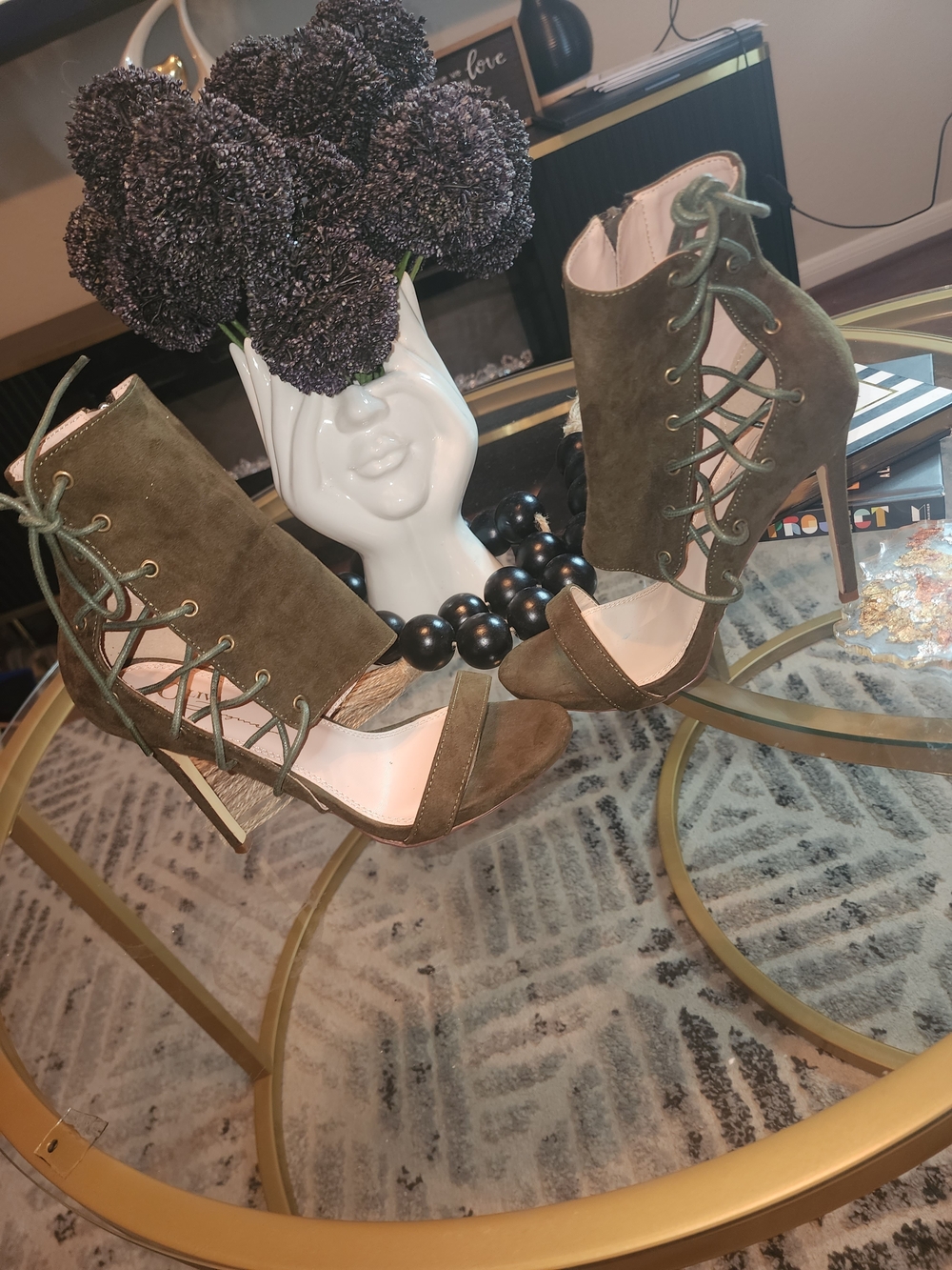 Suede Lace-Up Stiletto Sandals in Olive Green